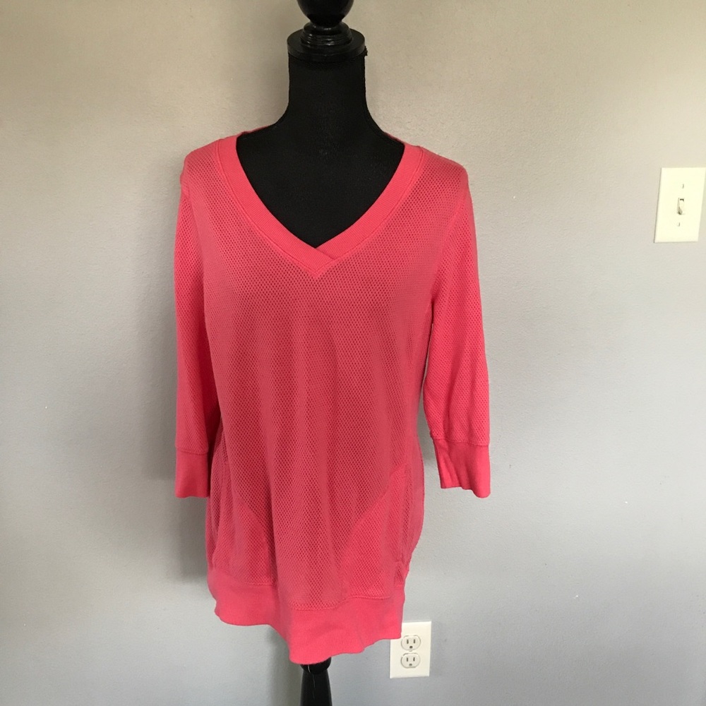 Exertek Pink peach 3/4 sleeve mesh V-neck top petite XL - Picture 2 of 6
